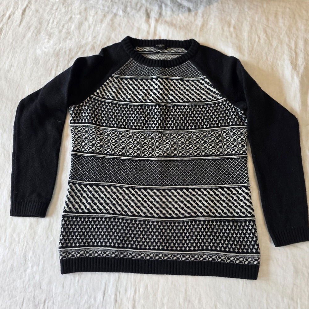 Talbots Petite Fair Isle Sweater Medium‎ Black & White Wool Blend Geometric Knit